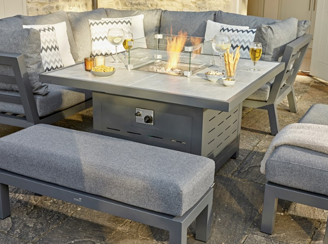 Bramblecrest San Marino Corner Sofa with Square Firepit Table & 2 Benches - Anthracite with firepit alight