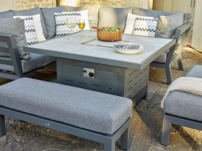 Bramblecrest San Marino Corner Sofa with Square Firepit Table & 2 Benches - Anthracite with table centre in place