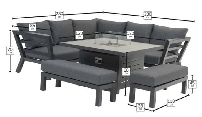 Dimensions of the Bramblecrest San Marino Corner Sofa with Square Firepit Table & 2 Benches - Anthracite