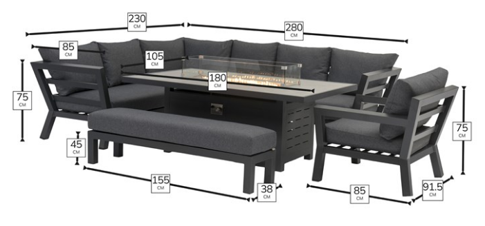 Dimensions of the Bramblecrest San Marino L-Shape Sofa with Firepit Table, Armchair & Bench - Anthracite