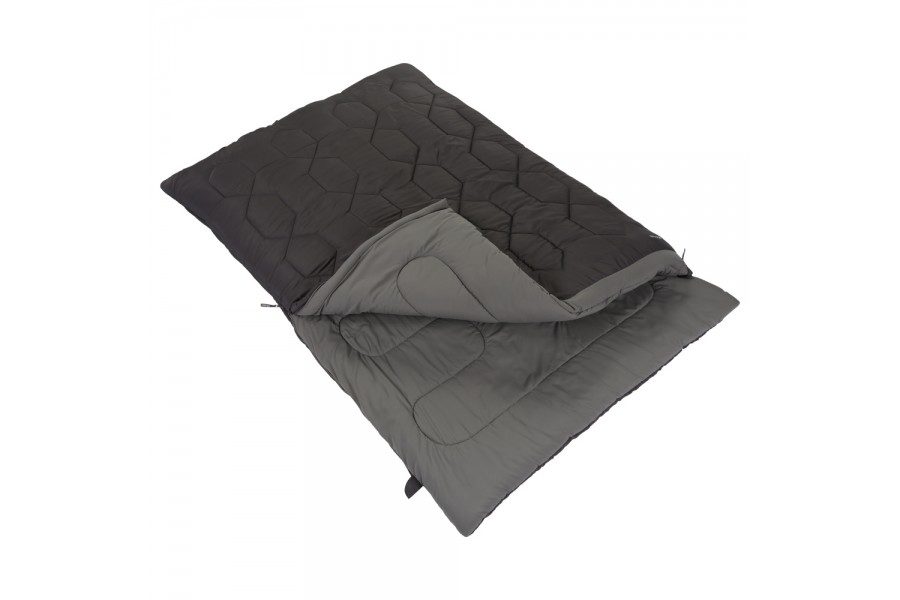 Three-quarter view of the Vango Serenity Superwarm Double Sleeping Bag in two-tone grey.