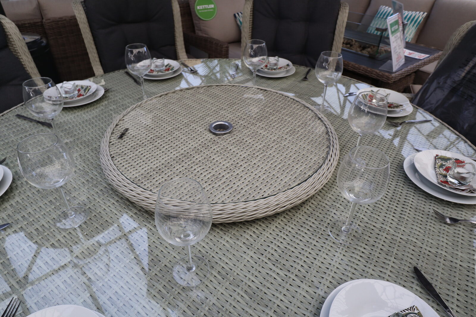 Brambelcrest Chedworth 8 Seat Round Dining Set 180Cm Table Dove Grey Centrepiece Closeup