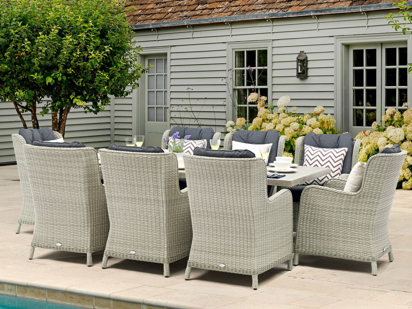 Bramblecrest Chedworth Rect Ceramic Table 8 Chairs Dove Grey Lifestyle Far