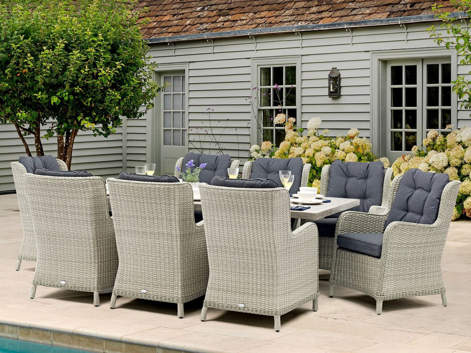 Bramblecrest Chedworth Rect Ceramic Table 8 Chairs Dove Grey Lifestyle Far 2