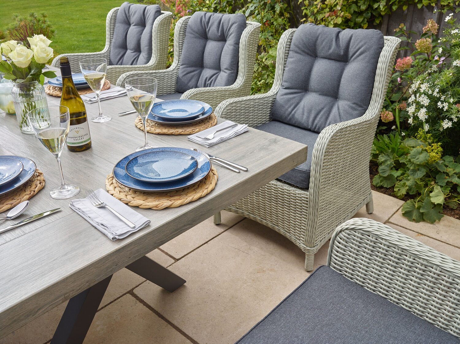 Bramblecrest Chedworth Rect Ceramic Table 8 Chairs Dove Grey Lifestyle Close No Cushions