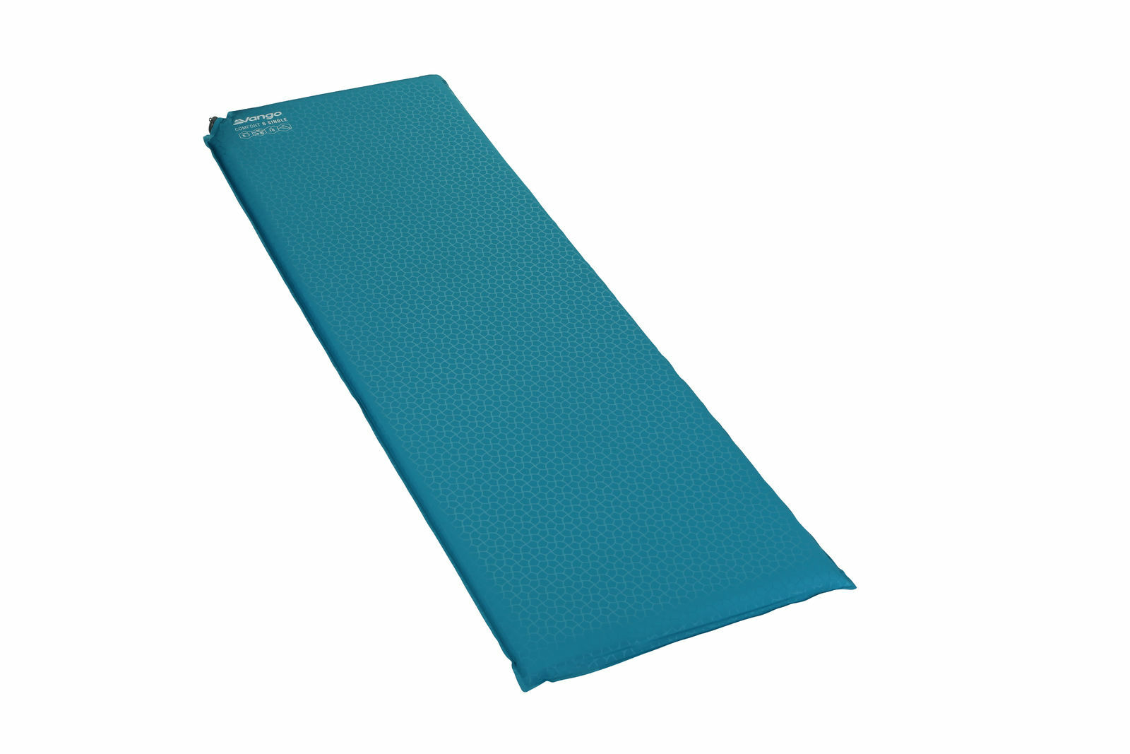 Three-quarter view of the Vango Comfort 5 Single Self-Inflating Mat in turquoise colour.