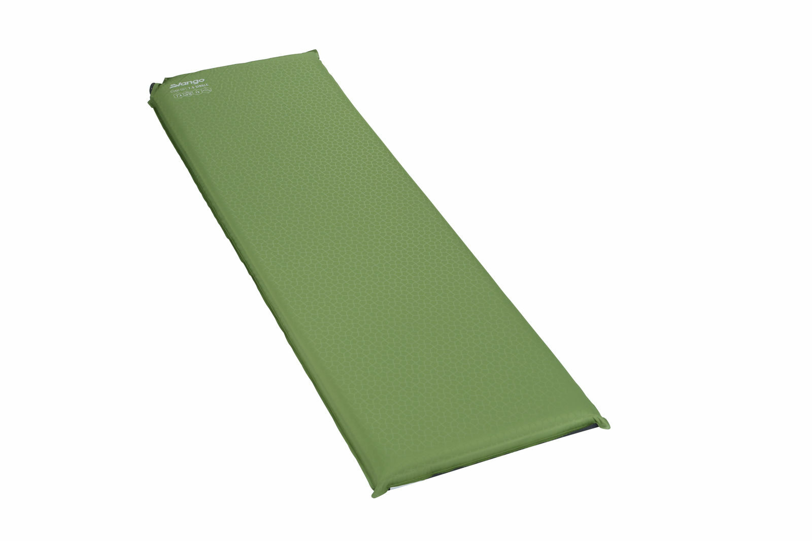 Three-quarter view of the Vango Comfort 7.5 Single Self-Inflating Mat in green.