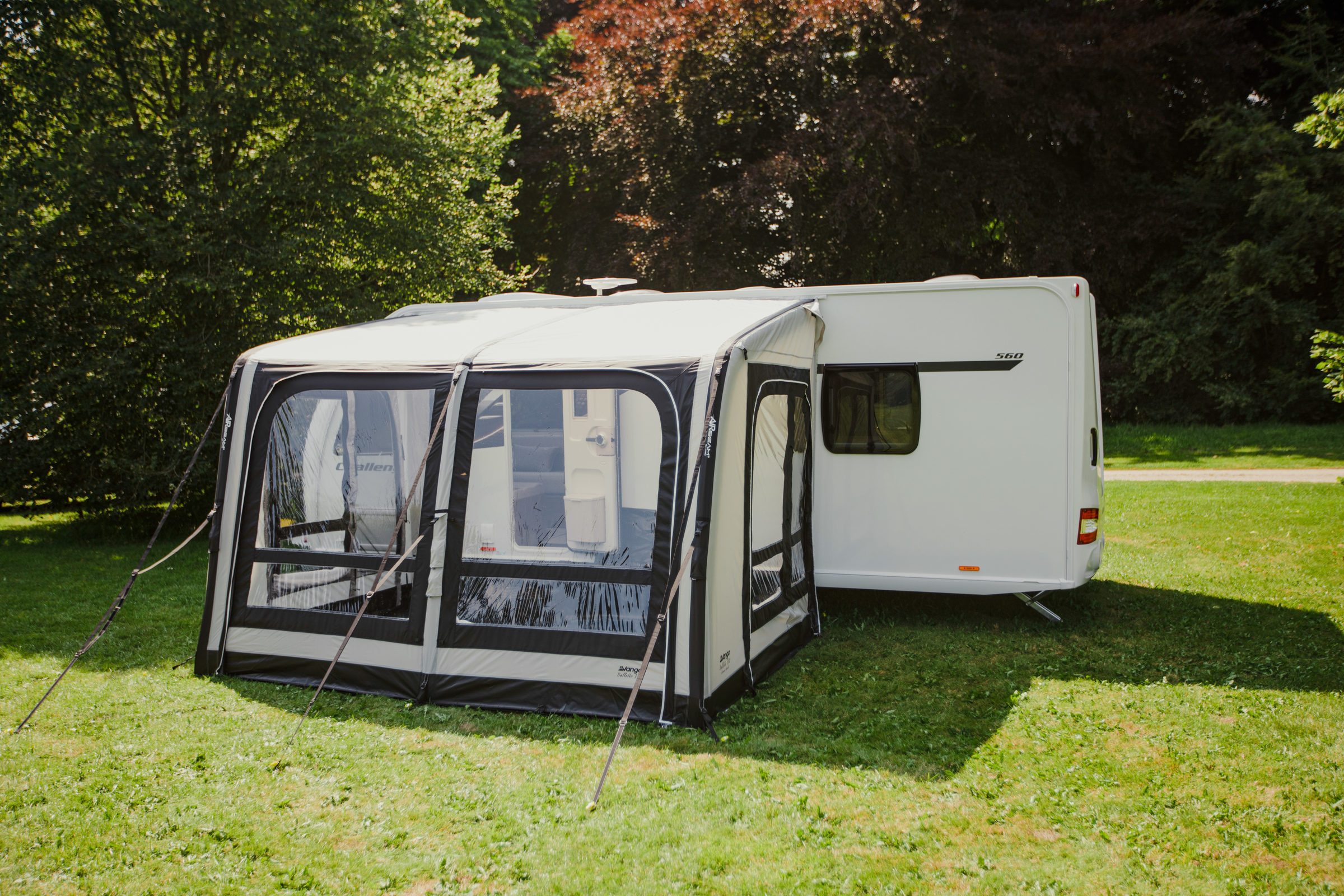 Vango Balletto Air 330 Elements Shield Awning 2023 Incl Carpet Lifestyle Front Open Curtains